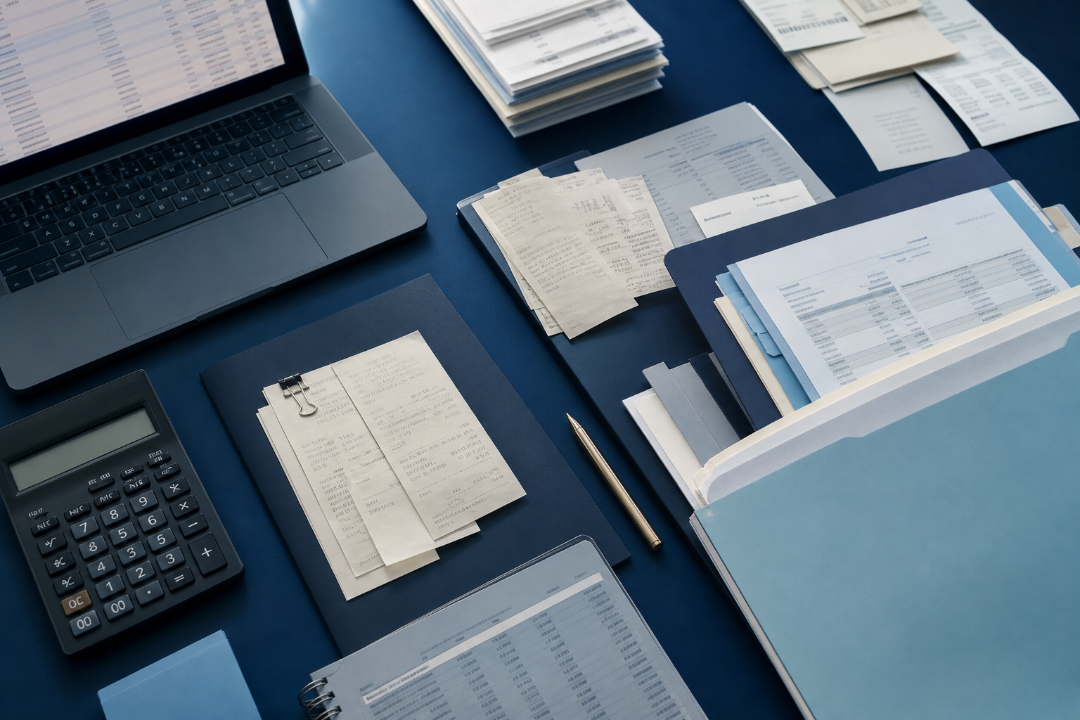 Organized bookkeeping records and financial documents for a small business